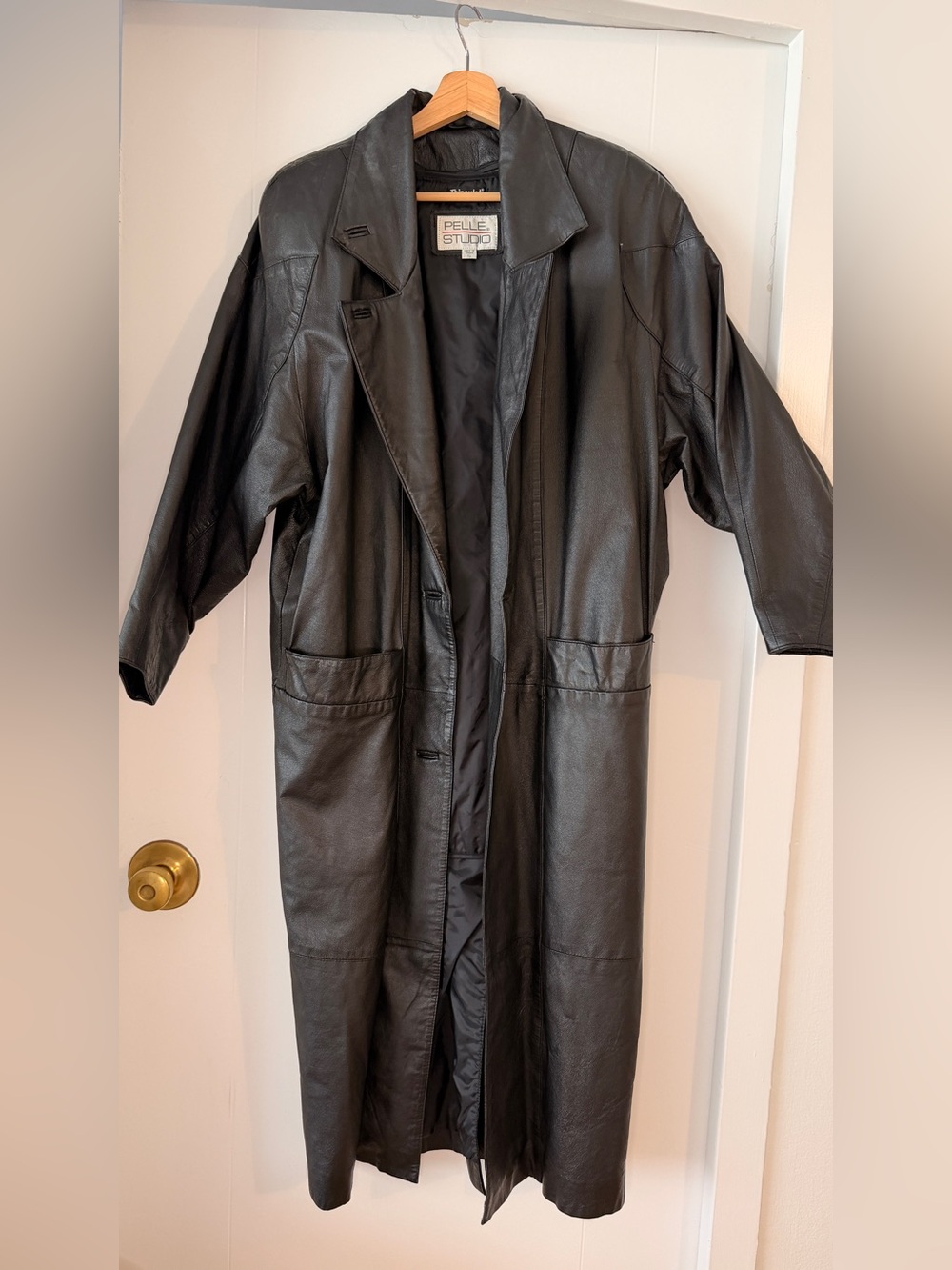 VINTAGE RARE 80’s Pelle Studio Thinsulate Black 100% Leather Long Trench Coat